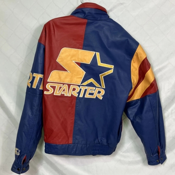 Vintage Blue Red and Yellow Starter Leather Jacket size S - Picture 2 of 6